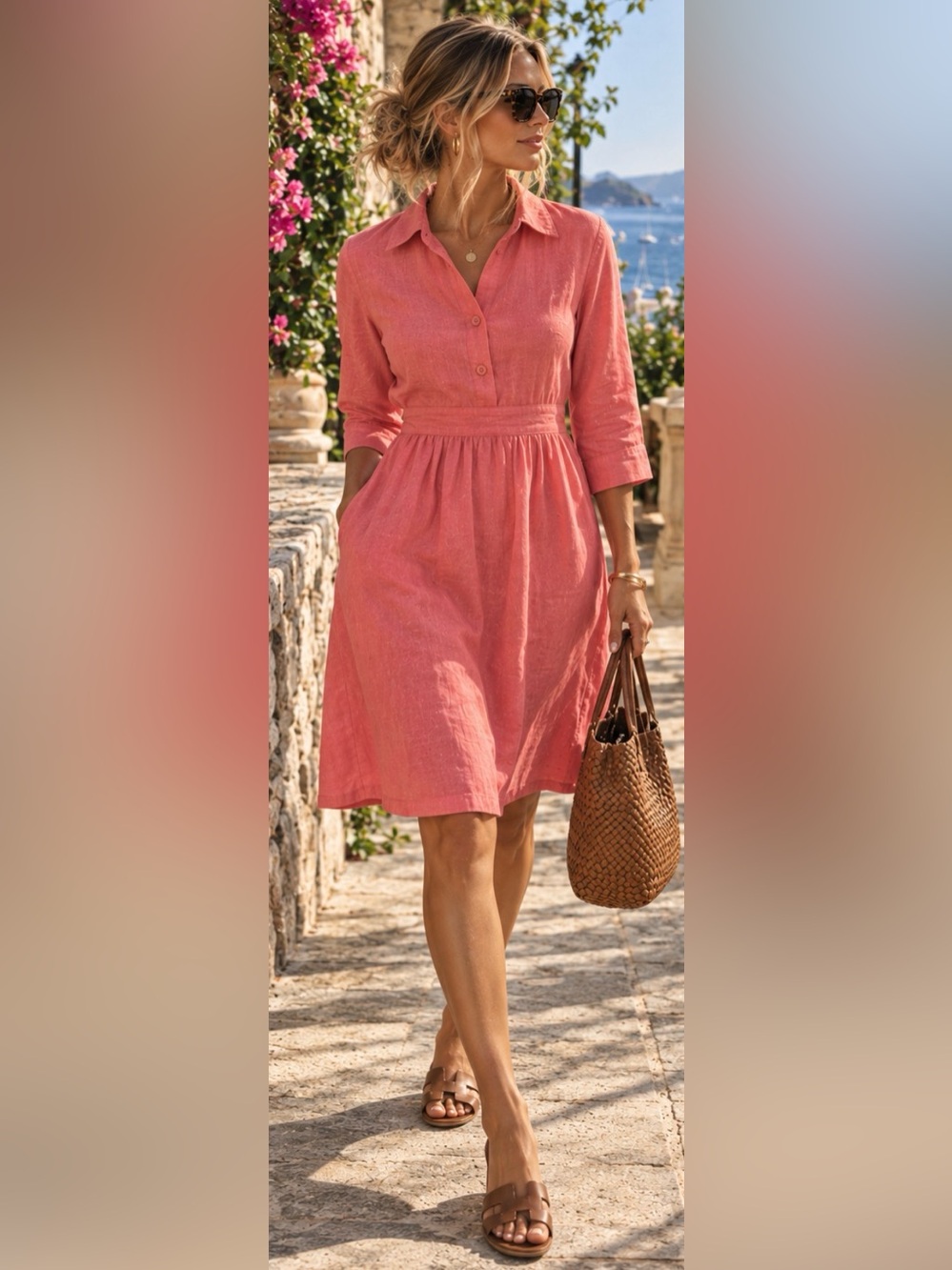 Eileen Fisher Coral Pink Linen Blend Button Front Midi Shirt Dress resortwear